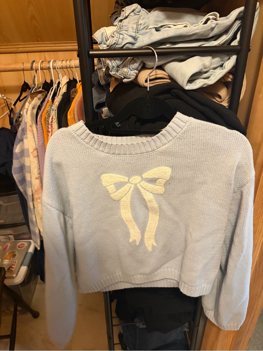Sincerely Jules Light Blue Cropped Crewneck Sweater with Cream Bow